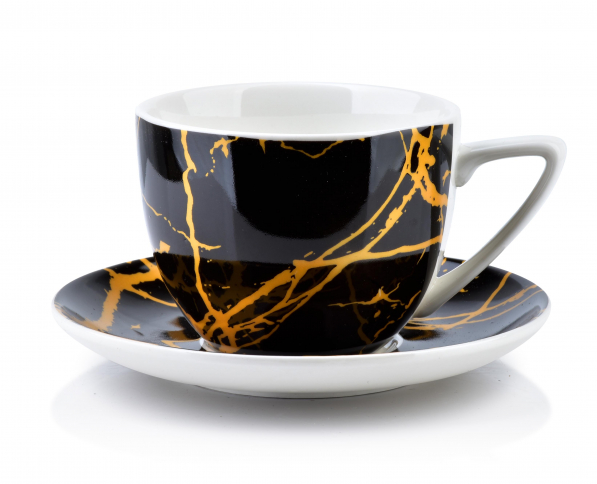 Filiżanki do kawy i herbaty porcelanowe ze spodkami AFFEK DESIGN AYLA MARMUREK CZARNE 250 ml 6 szt.