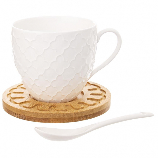 Filiżanki do kawy i herbaty porcelanowe ze spodkami bambusowymi LENDI BIAŁE 250 ml 2 szt.