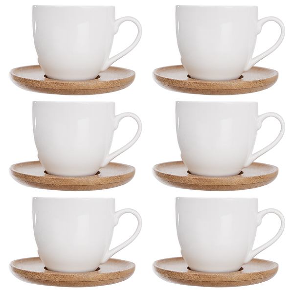 Filiżanki do espresso porcelanowe ze spodkami bambusowymi SCANDI BIAŁE 100 ml 6 szt.