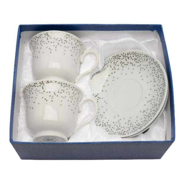 Filiżanki do kawy i herbaty porcelanowe ze spodkami BELLA FEGURO ARGENTO BIAŁO-SREBRNE 250 ml 2 szt.