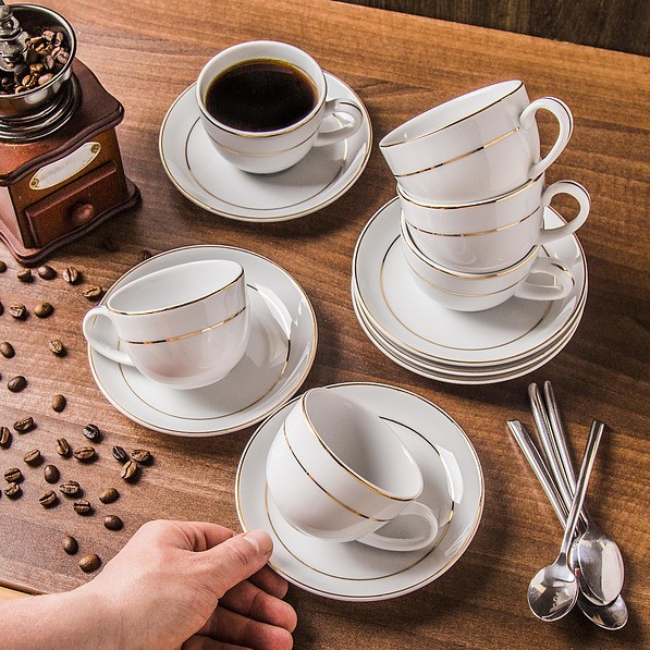 Filiżanki do kawy i herbaty porcelanowe ze spodkami CERAMIKA TUŁOWICE ZŁOTE LINIE BIAŁE 250 ml 6 szt. 