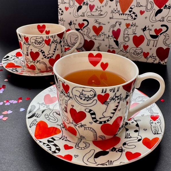 Filiżanki do kawy i herbaty porcelanowe ze spodkami DUO ANIMALS KOCI ŚWIAT SERCA 230 ml 2 szt.