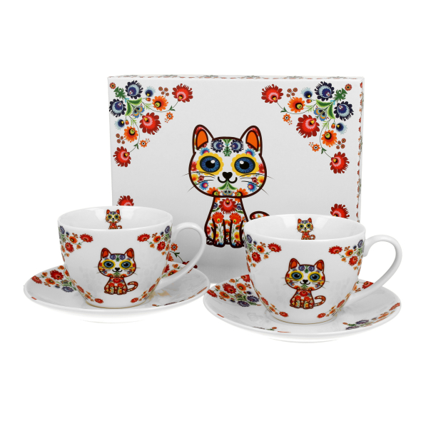 Filiżanki do kawy i herbaty porcelanowe ze spodkami DUO ANIMALS KOT ETNO 280 ml 2 szt.