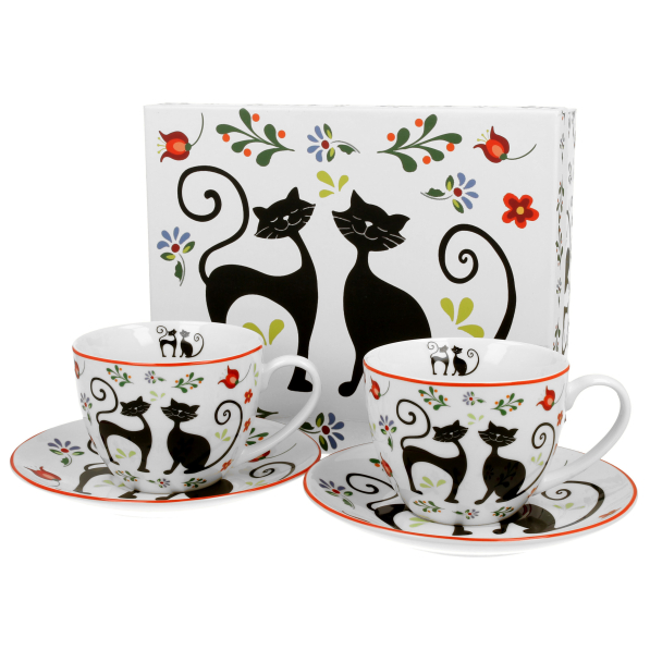 Filiżanki do kawy i herbaty porcelanowe ze spodkami DUO ETNO KOTY 250 ml 2 szt.