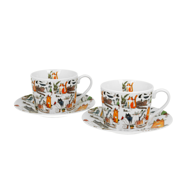 Filiżanki do kawy i herbaty porcelanowe ze spodkami DUO ANIMALS LENIWE KOTY 230 ml 2 szt.