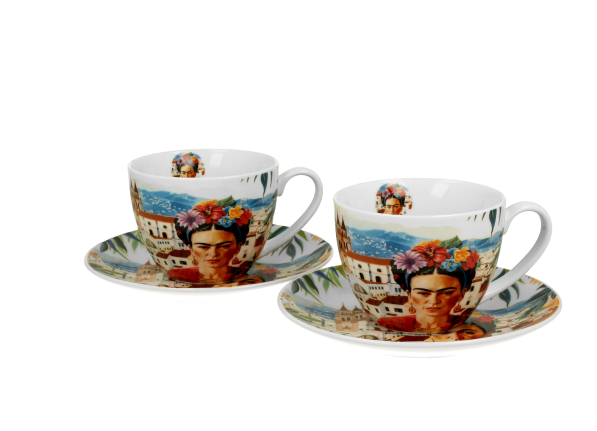 Filiżanki do kawy i herbaty porcelanowe ze spodkami DUO ART GALLERY FRIDA MEXICAN ART 270 ml 2 szt.