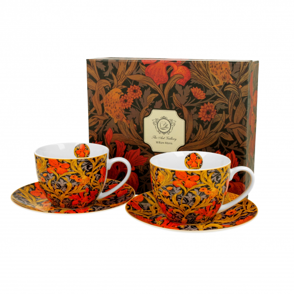 Filiżanki do kawy i herbaty porcelanowe ze spodkami DUO ART GALLERY ORANGE IRISES BY WILLIAM MORRIS 280 ml 2 szt.