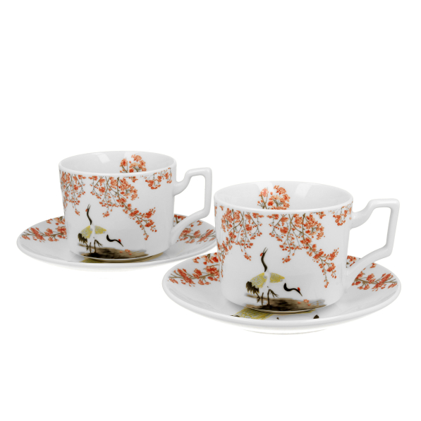 Filiżanki do kawy i herbaty porcelanowe ze spodkami DUO ART GALLERY SAKURA I ŻURAWIE 270 ml 2 szt.