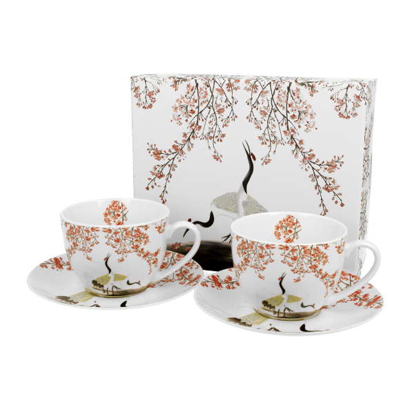 Filiżanki do kawy i herbaty porcelanowe ze spodkami DUO ART GALLERY SAKURA I ŻURAWIE 280 ml 2 szt.