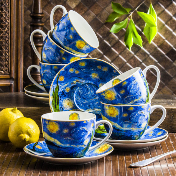 Filiżanki do kawy i herbaty porcelanowe ze spodkami DUO ART GALLERY STARRY NIGHT BY V. VAN GOGH 280 ml 6 szt.