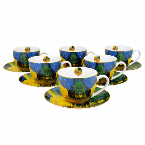Filiżanki do kawy i herbaty porcelanowe ze spodkami DUO ART GALLERY TERRACE AT NIGHT BY V. VAN GOGH 280 ml 6 szt.