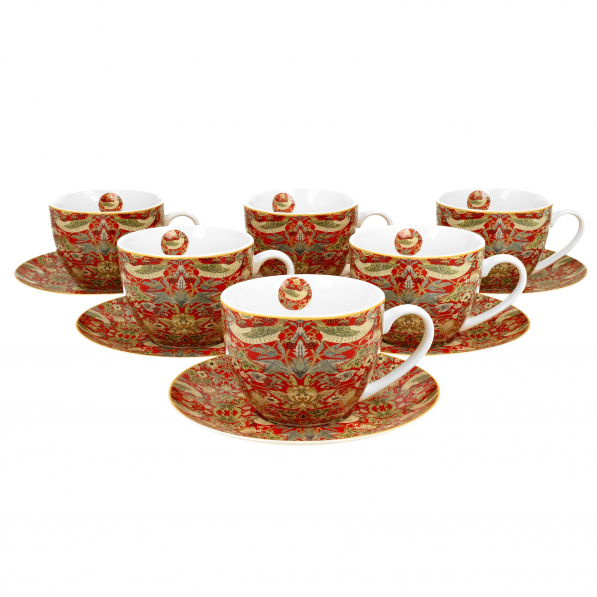 Filiżanki do kawy i herbaty porcelanowe ze spodkami DUO ART GALLERY STRAWBERRY THIEF RED BY WILLIAM MORRIS 280 ml 6 szt.