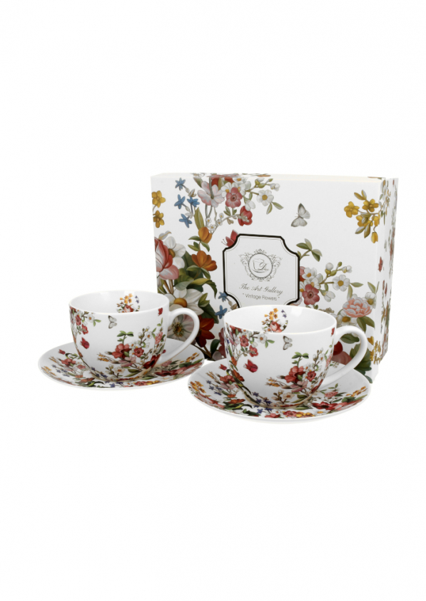 Filiżanki do kawy i herbaty porcelanowe ze spodkami DUO ART GALLERY VINTAGE FLOWERS WHITE 280 ml 2 szt.