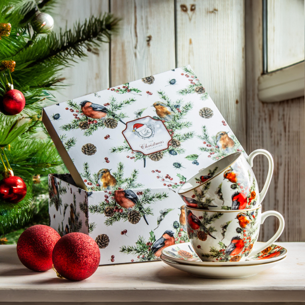 Filiżanki do kawy i herbaty porcelanowe ze spodkami DUO CHRISTMAS BIRDS 280 ml 2 szt.