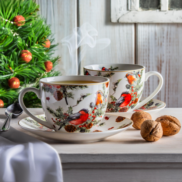 Filiżanki do kawy i herbaty porcelanowe ze spodkami DUO CHRISTMAS BIRDS 280 ml 2 szt.