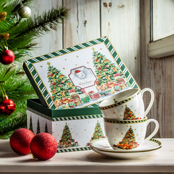 Filiżanki do kawy i herbaty porcelanowe ze spodkami DUO CHRISTMAS TREE 280 ml 2 szt.