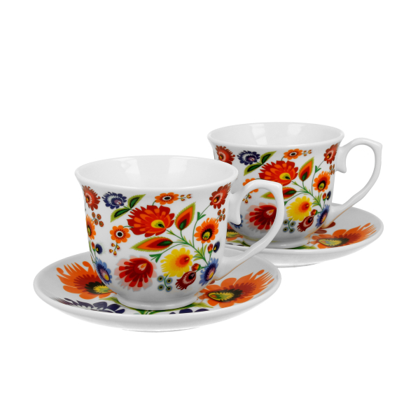 Filiżanki do kawy i herbaty porcelanowe ze spodkami DUO ETNO ŁOWICZ 250 ml 2 szt.
