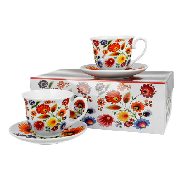 Filiżanki do kawy i herbaty porcelanowe ze spodkami DUO ETNO ŁOWICZ 250 ml 2 szt.