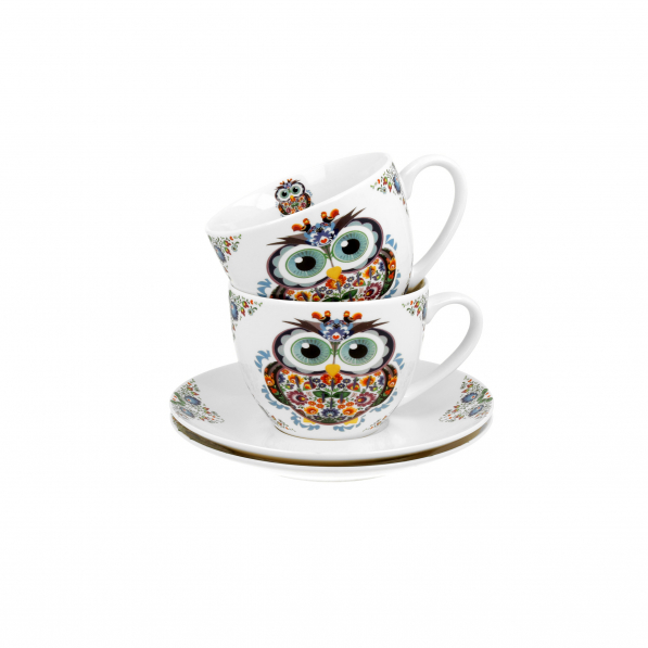 Filiżanki do kawy i herbaty porcelanowe ze spodkami DUO ETNO OWL KREMOWE 280 ml 2 szt. 