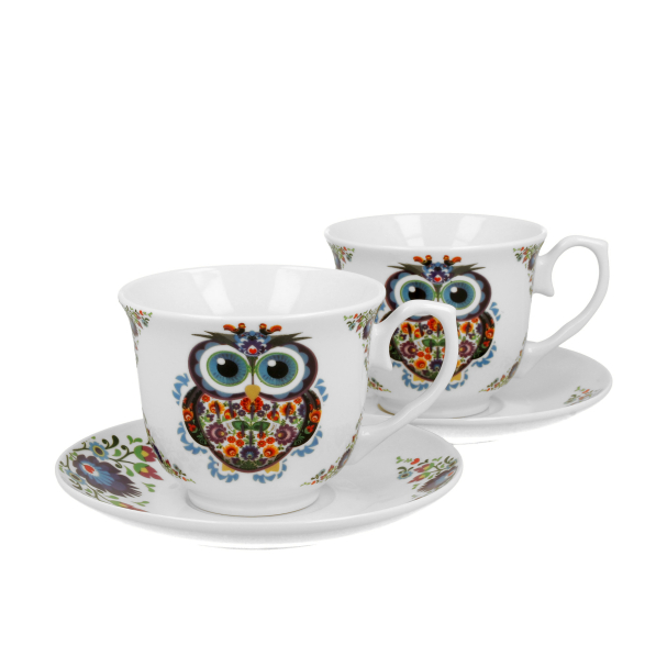 Filiżanki do kawy i herbaty porcelanowe ze spodkami DUO ETNO SOWA 250 ml 2 szt.