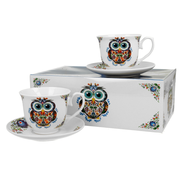 Filiżanki do kawy i herbaty porcelanowe ze spodkami DUO ETNO SOWA 250 ml 2 szt.