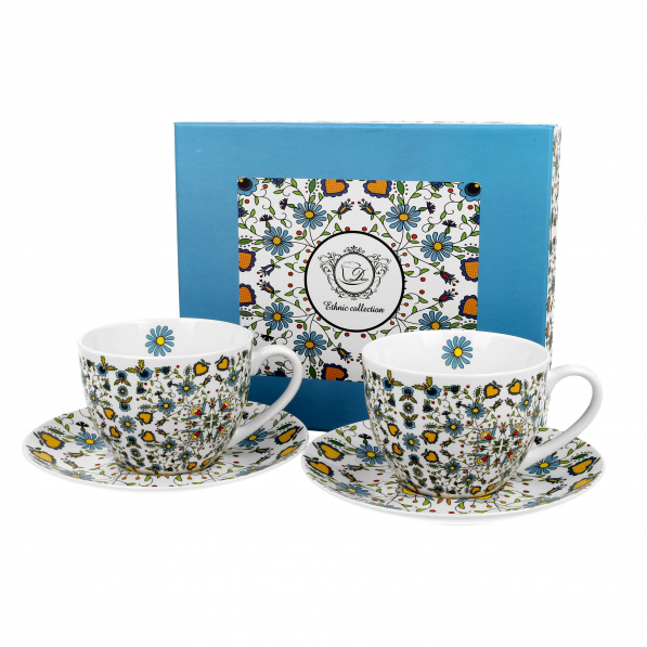 Filiżanki do kawy i herbaty porcelanowe ze spodkami DUO ETNO WZÓR KASZUBSKI 250 ml 2 szt.