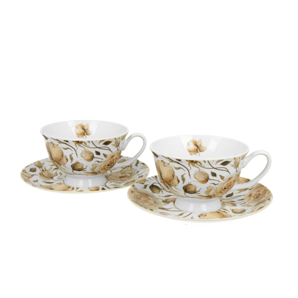 Filiżanki do kawy i herbaty porcelanowe ze spodkami DUO FLOWERS EXCLUSIVE ENGLISH ROSES WHITE 230 ml 2 szt.