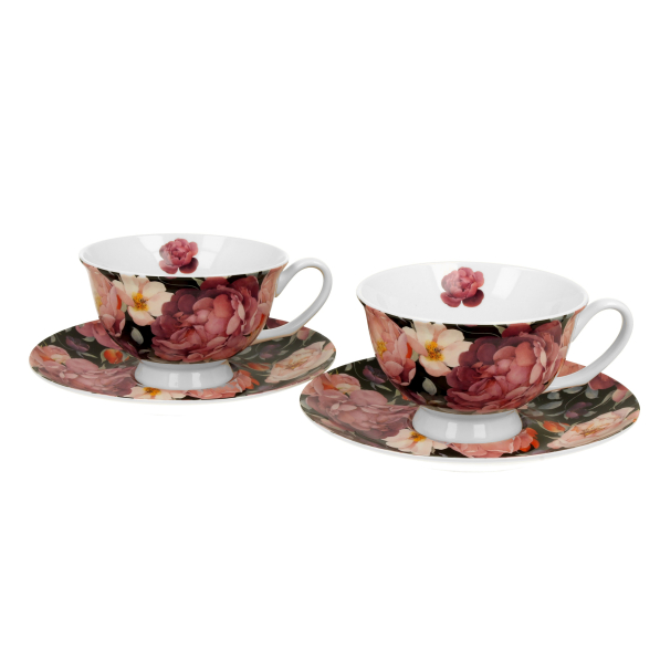 Filiżanki do kawy i herbaty porcelanowe ze spodkami DUO FLOWERS EXCLUSIVE SPRING ROSES BLACK 250 ml 2 szt.