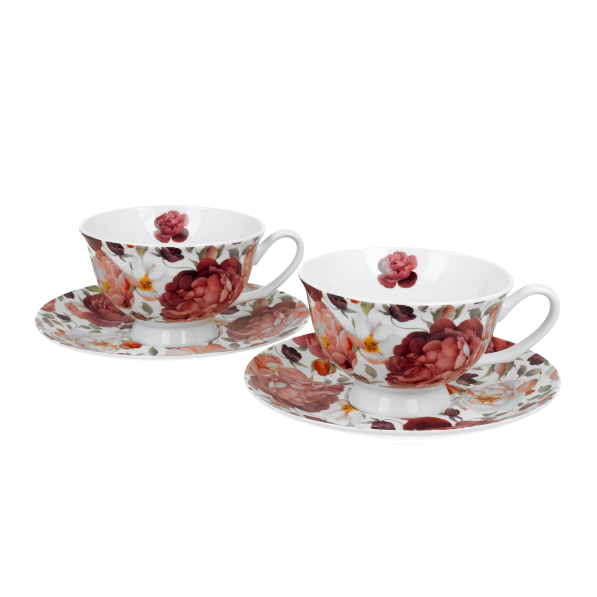 Filiżanki do kawy i herbaty porcelanowe ze spodkami DUO FLOWERS EXCLUSIVE SPRING ROSES WHITE 250 ml 2 szt.