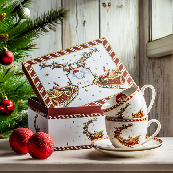 Filiżanki do kawy i herbaty porcelanowe ze spodkami DUO SANTA ON SLEIGH 280 ml 2 szt.