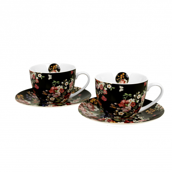 Filiżanki do kawy i herbaty porcelanowe ze spodkami DUO VINTAGE FLOWERS BLACK 280 ml 2 szt.