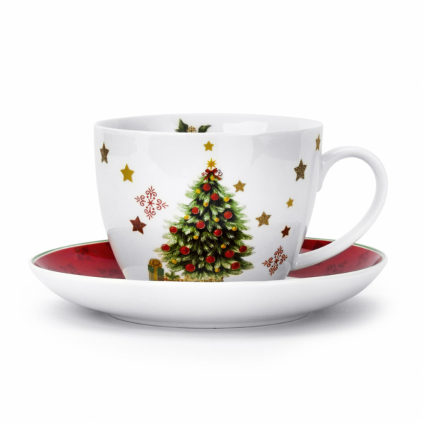 Filiżanki do kawy i herbaty porcelanowe ze spodkami i półmiskami MERRY CHRISTMAS 400 ml 4 szt.