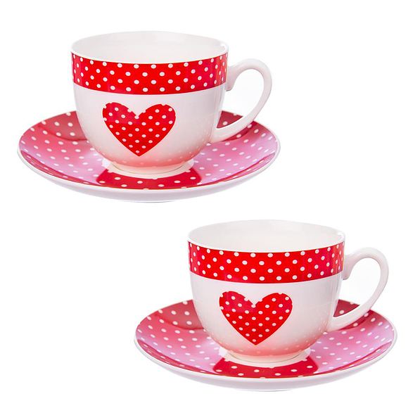 Filiżanki do kawy i herbaty porcelanowe ze spodkami LOVE DOTS BIAŁO CZERWONE 280 ml 2 szt.