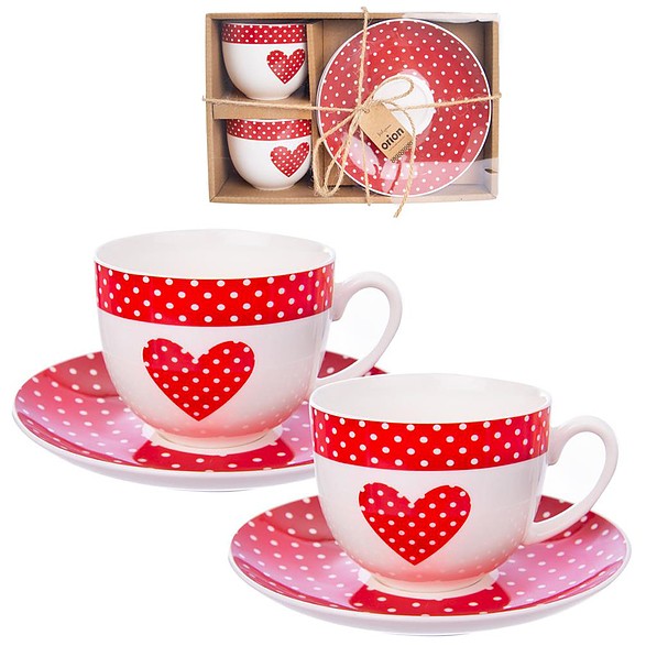 Filiżanki do kawy i herbaty porcelanowe ze spodkami LOVE DOTS BIAŁO CZERWONE 280 ml 2 szt.