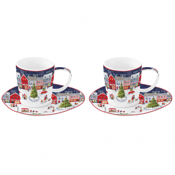 Filiżanki do kawy i herbaty porcelanowe ze spodkami NEW X-MASS TOWN BIAŁO-GRANATOWE 120 ml 2 szt.
