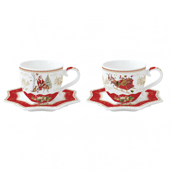 Filiżanki do kawy i herbaty porcelanowe ze spodkami SANTAS SLEIGH BIAŁO-CZERWONE 130 ml 2 szt.