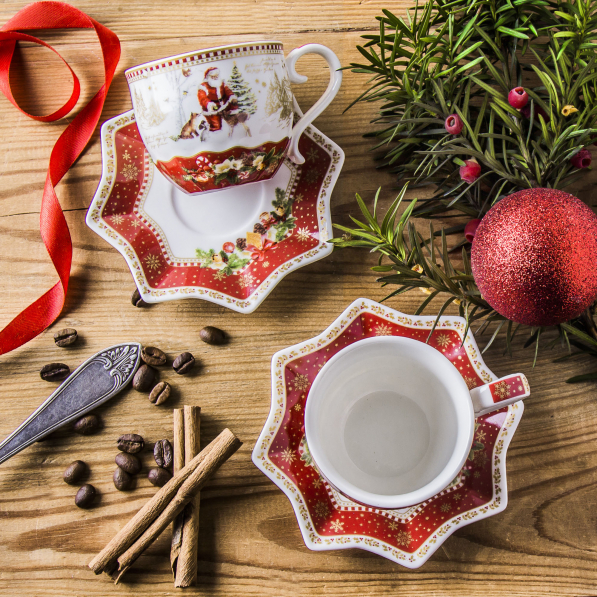 Filiżanki do kawy i herbaty porcelanowe ze spodkami SANTAS SLEIGH BIAŁO-CZERWONE 130 ml 2 szt.