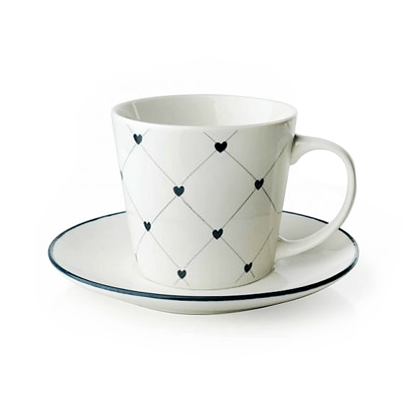 Filiżanki do kawy i herbaty porcelanowe ze spodkiem DARK BLUE HEART BIAŁE 180 ml 2 szt.