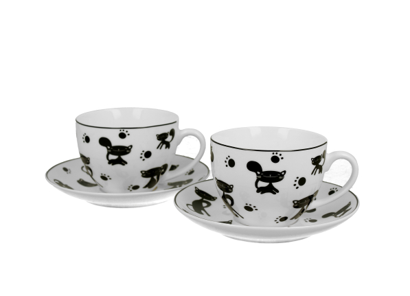 Filiżanki do kawy i herbaty porcelanowe ze spodkami DUO ANIMALS KOTY CZARNE 250 ml 2 szt.