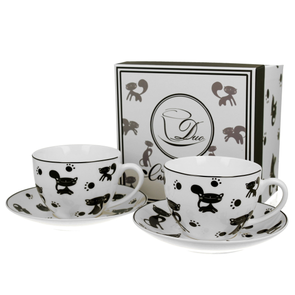 Filiżanki do kawy i herbaty porcelanowe ze spodkami DUO ANIMALS KOTY CZARNE 250 ml 2 szt.