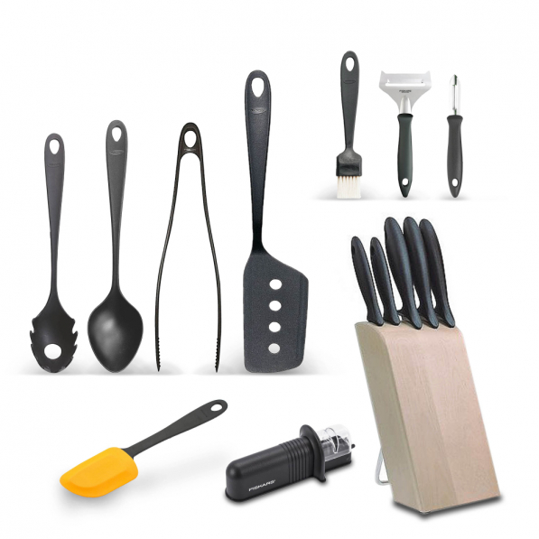 FISKARS Essential Big Set 15 el. czarne - przybory kuchenne plastikowe z nożami stalowymi w bloku i ostrzałką