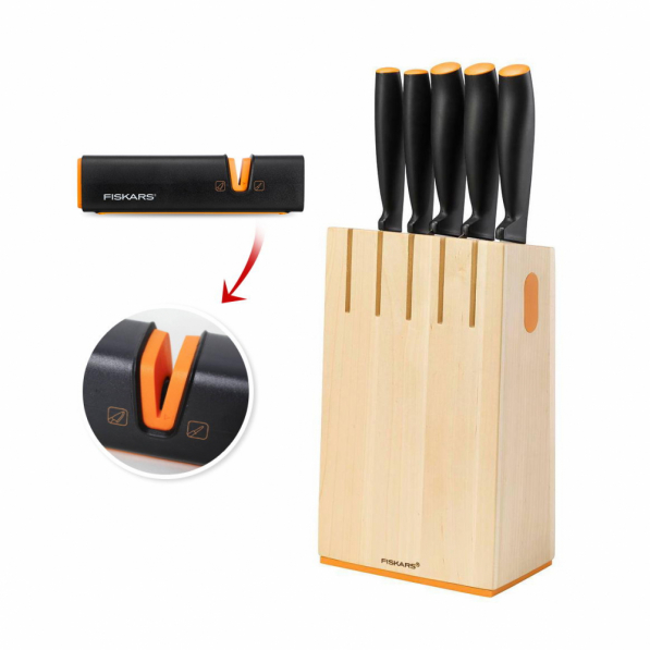 FISKARS Functional Form Brown Block Xsharp Plus 7 el. - noże kuchenne ze stali nierdzewnej w bloku z ostrzałką