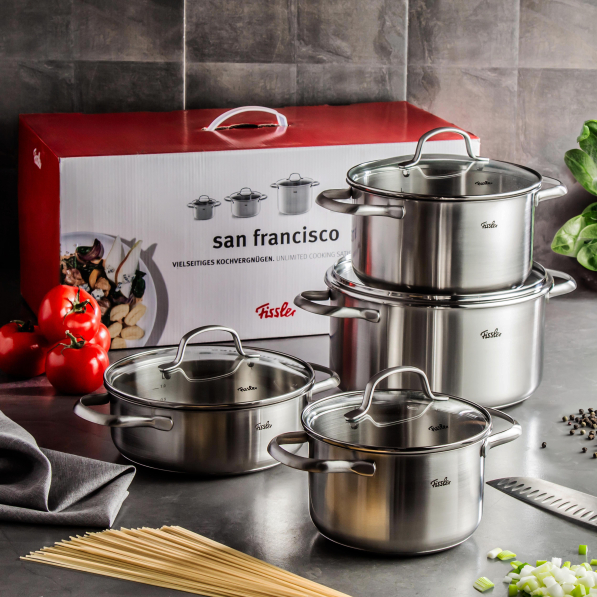 FISSLER San Francisco - zestaw 4 garnków ze stali nierdzewnej z pokrywkami 