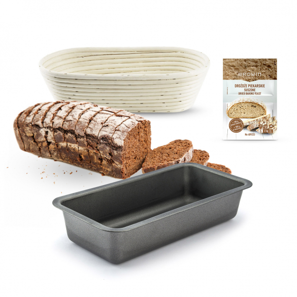 Forma do pieczenia chleba metalowa + koszyk do wyrastania i drożdże SNB BREAD 33,5 x 17 cm