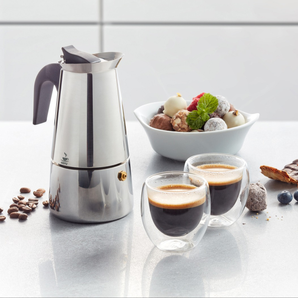 GEFU Emilio na 4 filiżanki espresso (4 tz) - zestaw kawiarka stalowa ciśnieniowa z 2 szklankami