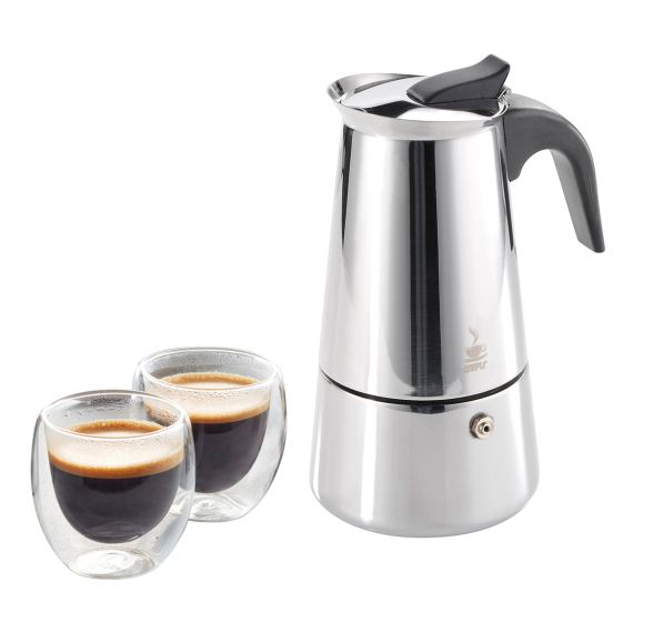 GEFU Emilio na 4 filiżanki espresso (4 tz) - zestaw kawiarka stalowa ciśnieniowa z 2 szklankami