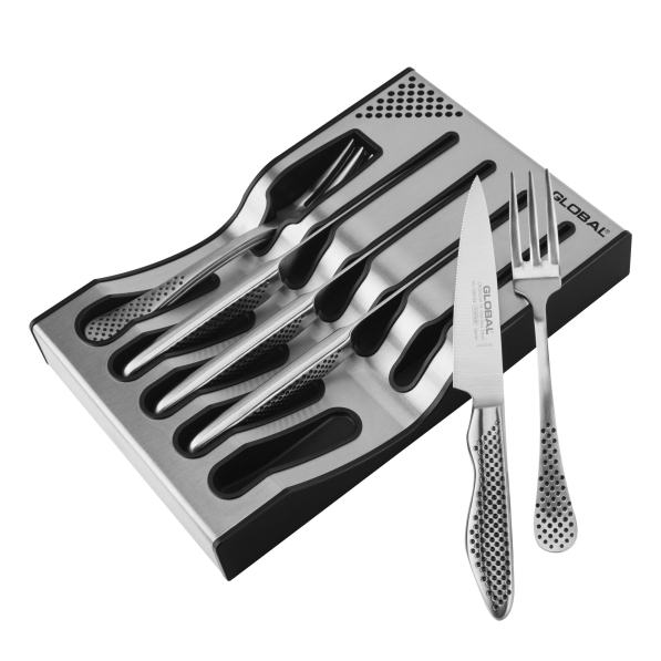 GLOBAL Dock Steak Set 9 el. - zestaw sztućców do steków na 4 osoby ze stali nierdzewnej w bloku