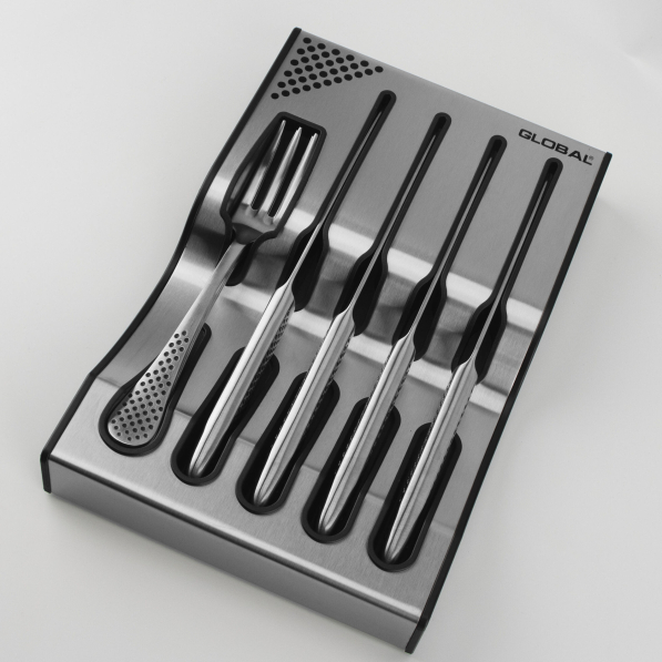 GLOBAL Dock Steak Set 9 el. - zestaw sztućców do steków na 4 osoby ze stali nierdzewnej w bloku