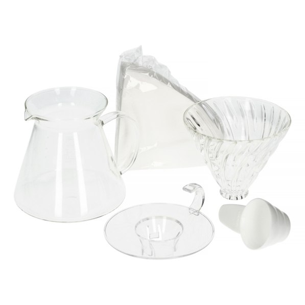 HARIO V60 Glass Brewing Kit - dripper do kawy z dzbankiem i filtrami