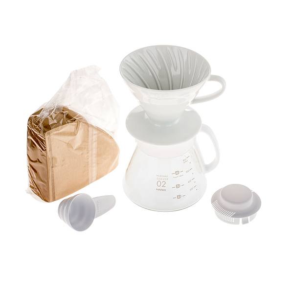 HARIO V60-02 Dripper And Pot 0,6 l biały - dripper do kawy ceramiczny z dzbankiem, filtrami i miarką